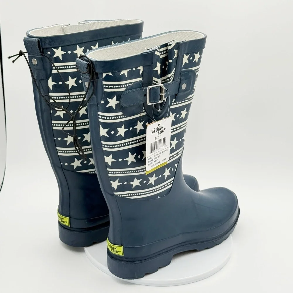 Western‎ Chief Stars and Stripes Rain Boots Size 7 Womens Navy Patriotic